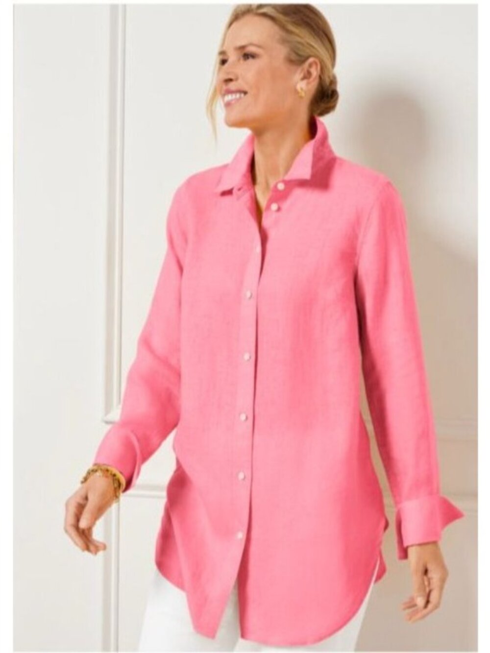 Talbots Womens Button-Up Pink boyfriend Linen Shirt tunic size XL